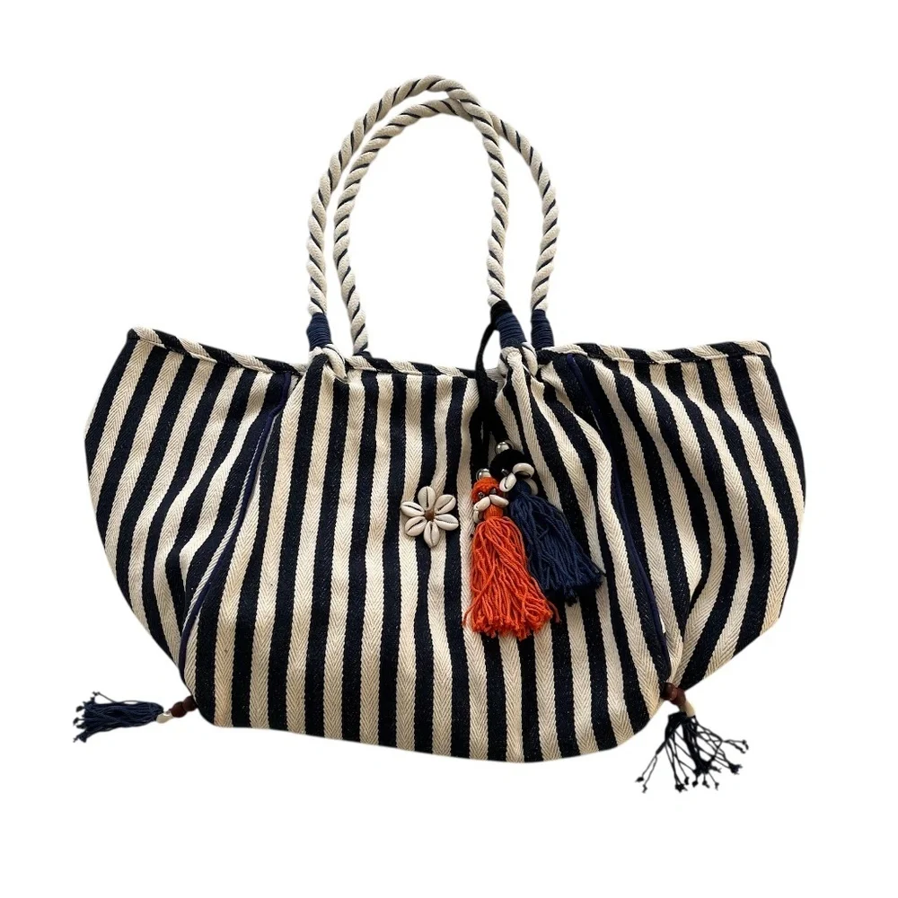 JADEtribe Valerie Rope Beach Bag OS Navy White Stripes Boho Nautical Resort Chic